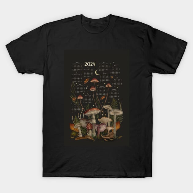 2024 Yearly Calendar - Enchanting Mushrooms T-Shirt by Episodic Drawing